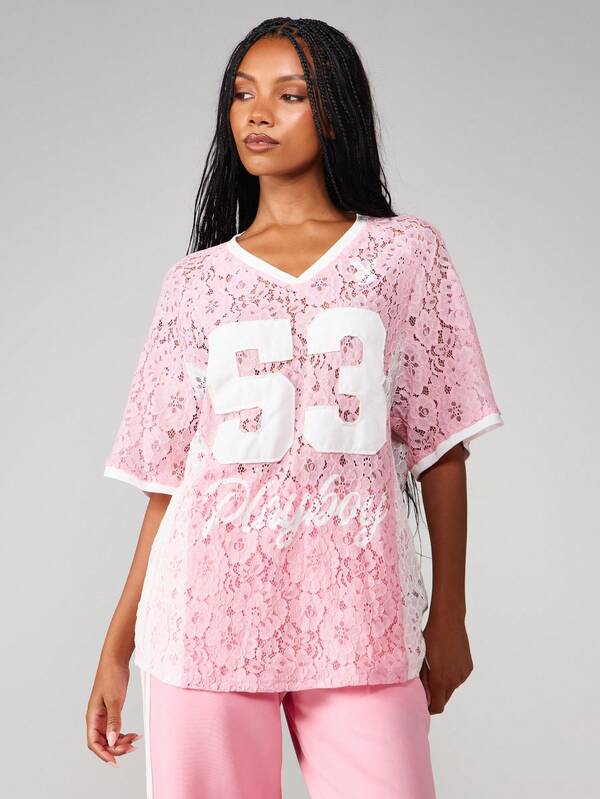 missguided Missguided x Playboy Lace V-Neck T-Shirt With Number Print