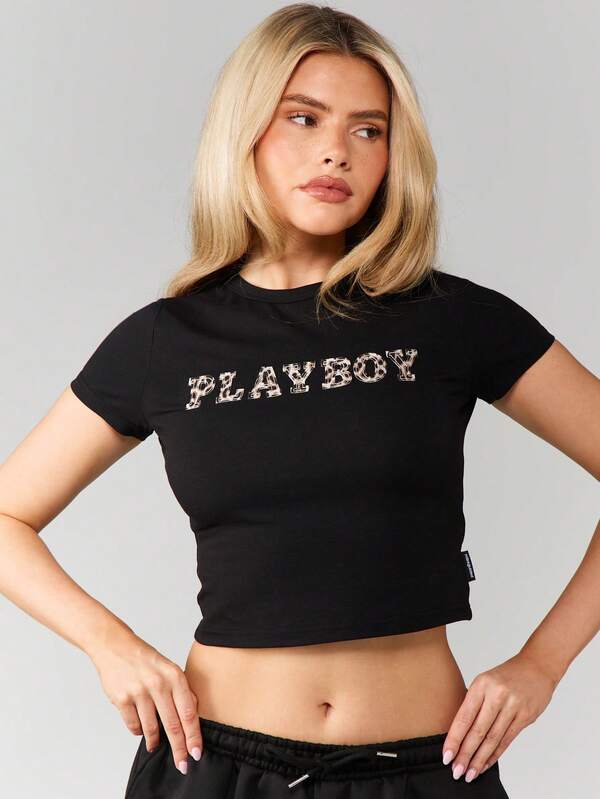 Missguided Missguided X Playboy Leopard Print Applique Baby Tee With Letter Design