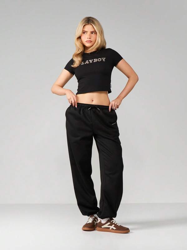 Missguided Missguided X Playboy Leopard Print Applique Baby Tee With Letter Design