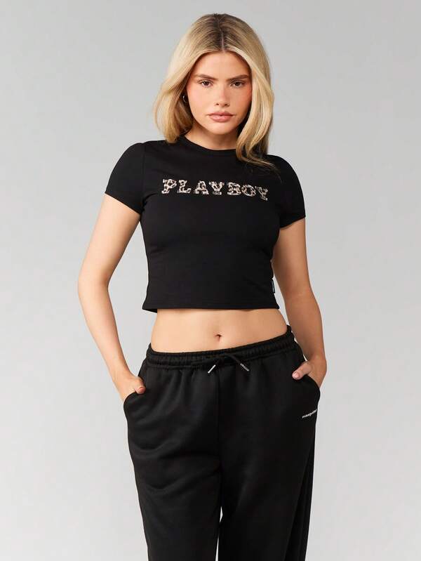 missguided Missguided x Playboy Leopard Print Applique Baby Tee With Letter Design