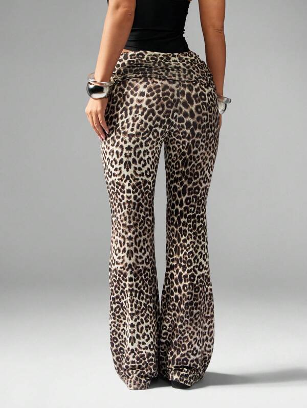 Missguided Missguided X Playboy Leopard Print Bell Bottom Leggings With Fold Over Waist