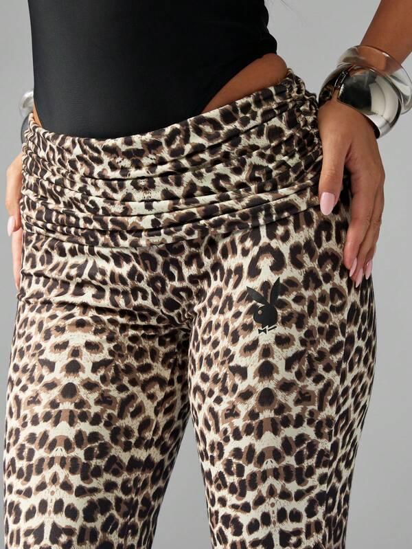 Missguided Missguided X Playboy Leopard Print Bell Bottom Leggings With Fold Over Waist