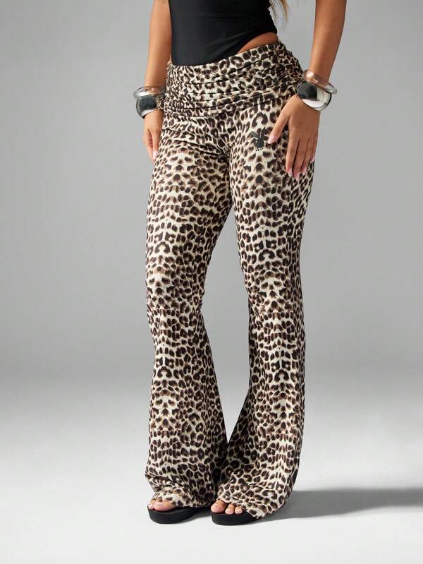 missguided Missguided x Playboy Leopard Print Bell Bottom Leggings With Fold Over Waist