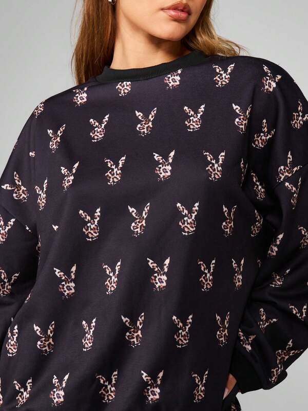 Missguided Missguided X Playboy Leopard Print Bunny Head Crew Neck Sweatshirt