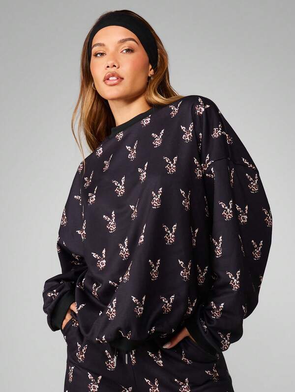 missguided Missguided x Playboy Leopard Print Bunny Head Crew Neck Sweatshirt