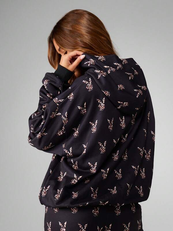 Missguided Missguided X Playboy Leopard Print Bunny Head Long Sleeve Hoodie