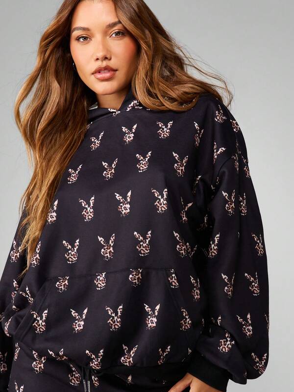 Missguided Missguided X Playboy Leopard Print Bunny Head Long Sleeve Hoodie