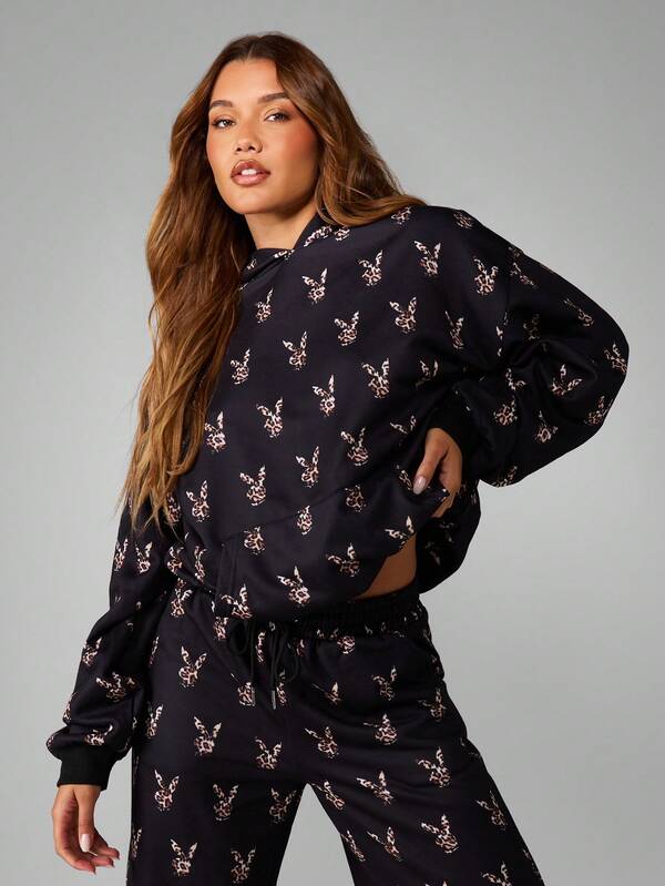 missguided Missguided x Playboy Leopard Print Bunny Head Long Sleeve Hoodie