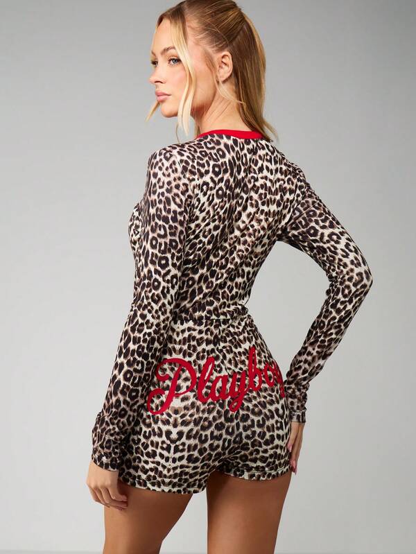 Missguided Missguided X Playboy Leopard Print Button Down Long Sleeve Romper With Red Trim