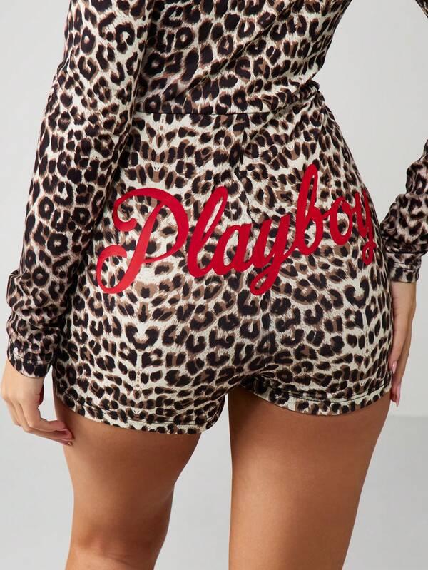 Missguided Missguided X Playboy Leopard Print Button Down Long Sleeve Romper With Red Trim