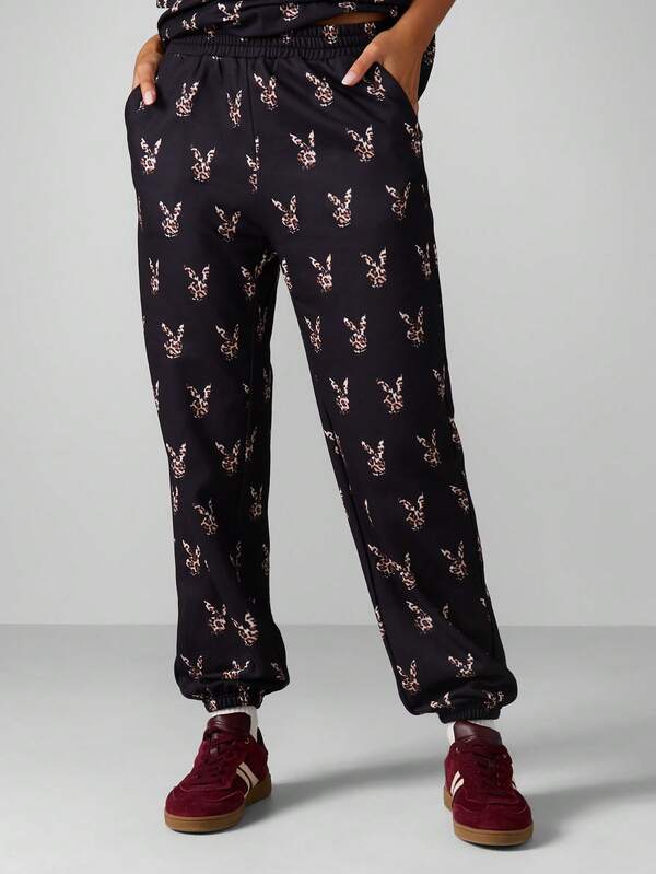 missguided Missguided x Playboy Leopard Print Cuffed Joggers With Elastic Waist
