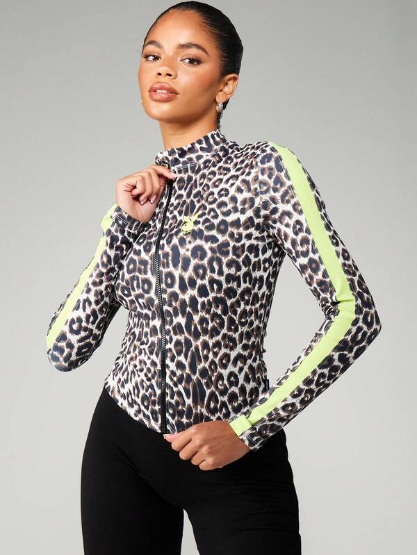 missguided Missguided x Playboy Leopard Print Full Zip Track Jacket
