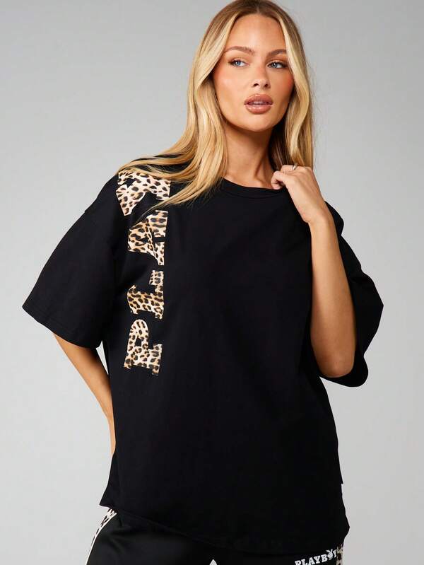 missguided Missguided x Playboy Leopard Print Graphic Oversized T-Shirt