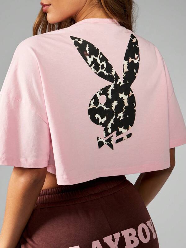 missguided Missguided x Playboy Leopard Print Jersey Crop Top T-Shirt