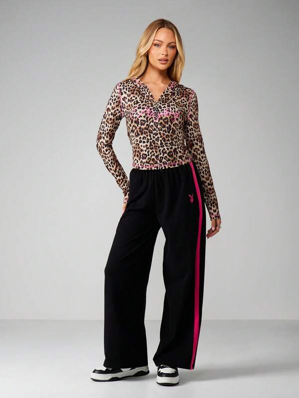 Missguided Missguided X Playboy Leopard Print Long Sleeve Button Top With Contrast Details