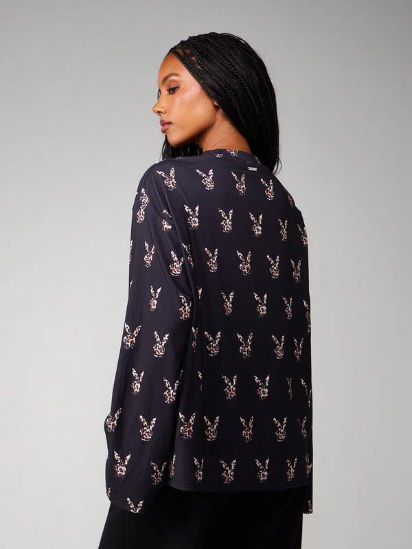Missguided Missguided X Playboy Leopard Print Long Sleeve Crew Neck Top