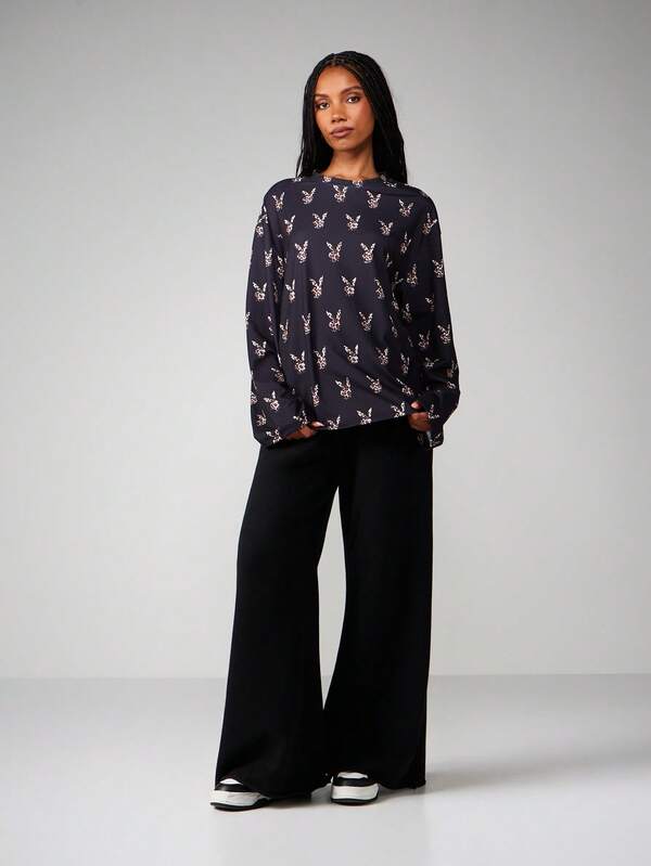 Missguided Missguided X Playboy Leopard Print Long Sleeve Crew Neck Top