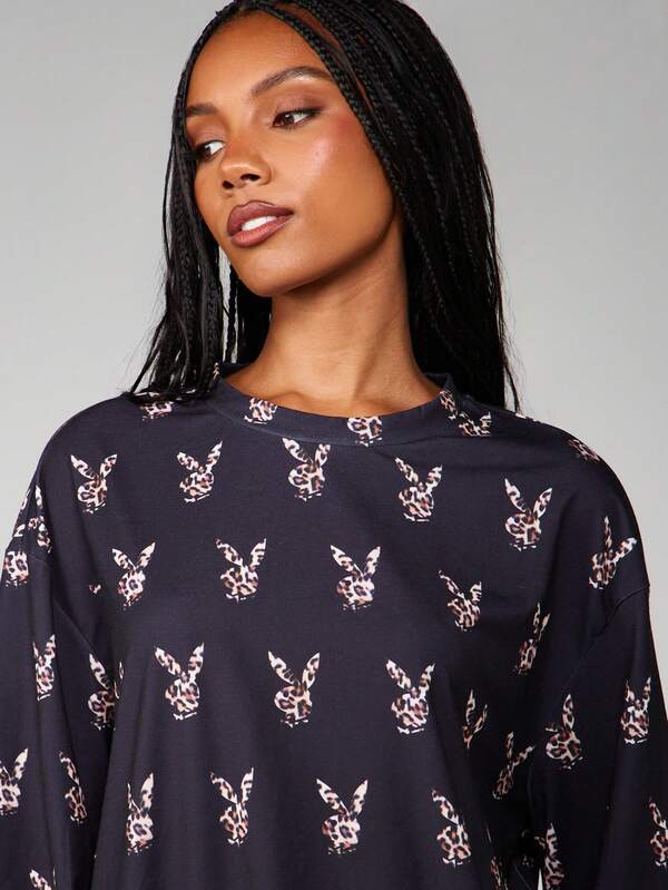 Missguided Missguided X Playboy Leopard Print Long Sleeve Crew Neck Top