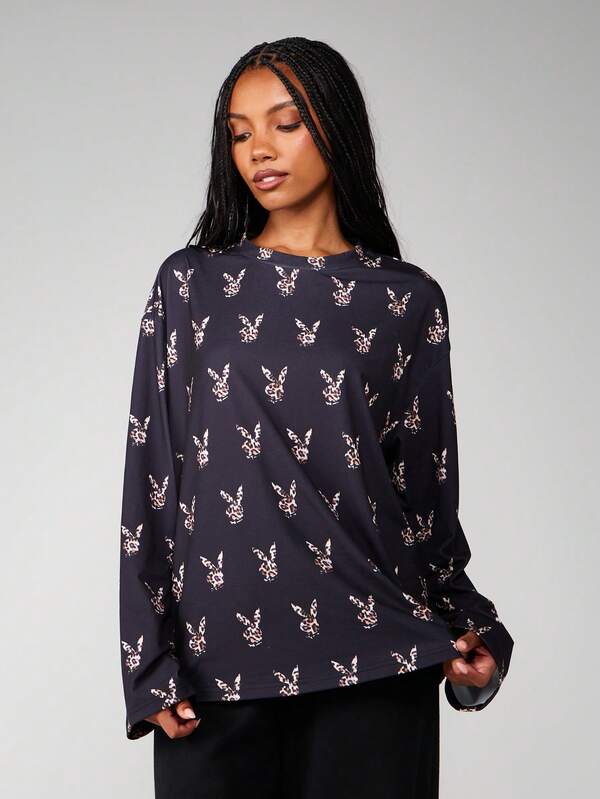 missguided Missguided x Playboy Leopard Print Long Sleeve Crew Neck Top