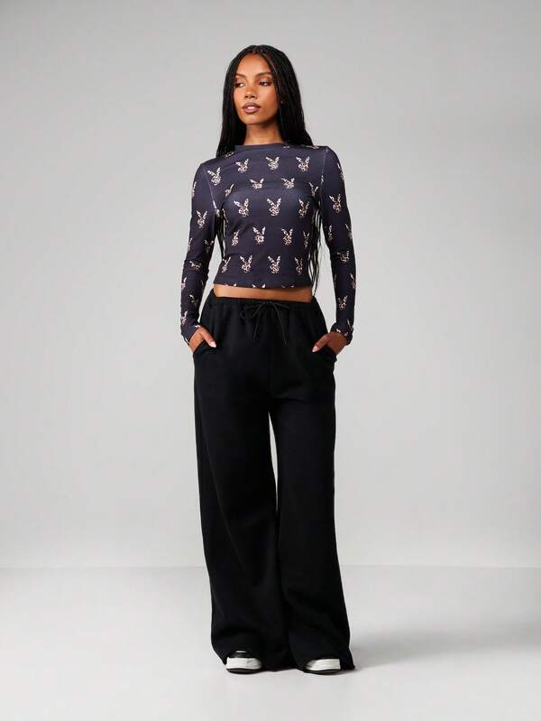 Missguided Missguided X Playboy Leopard Print Long Sleeve Crop Top