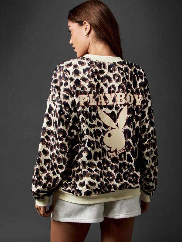 Missguided Missguided X Playboy Leopard Print Number Graphic Crewneck Pullover Sweatshirt