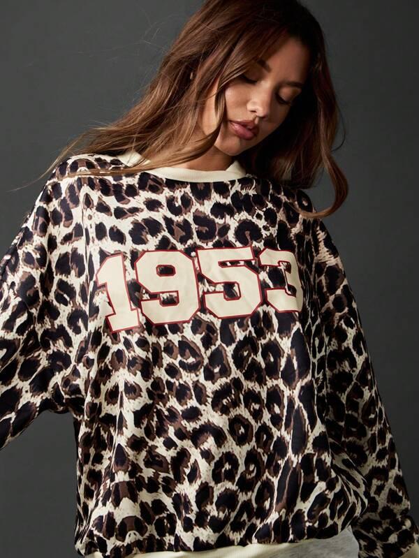 missguided Missguided x Playboy Leopard Print Number Graphic Crewneck Pullover Sweatshirt