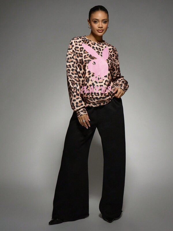 Missguided Missguided X Playboy Leopard Print Oversized Streetwear Sweatshirt