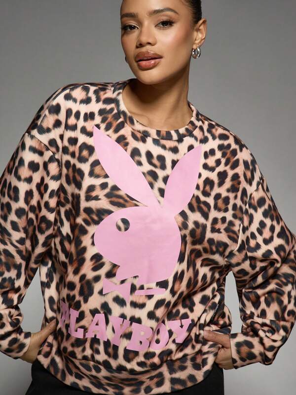 Missguided Missguided X Playboy Leopard Print Oversized Streetwear Sweatshirt