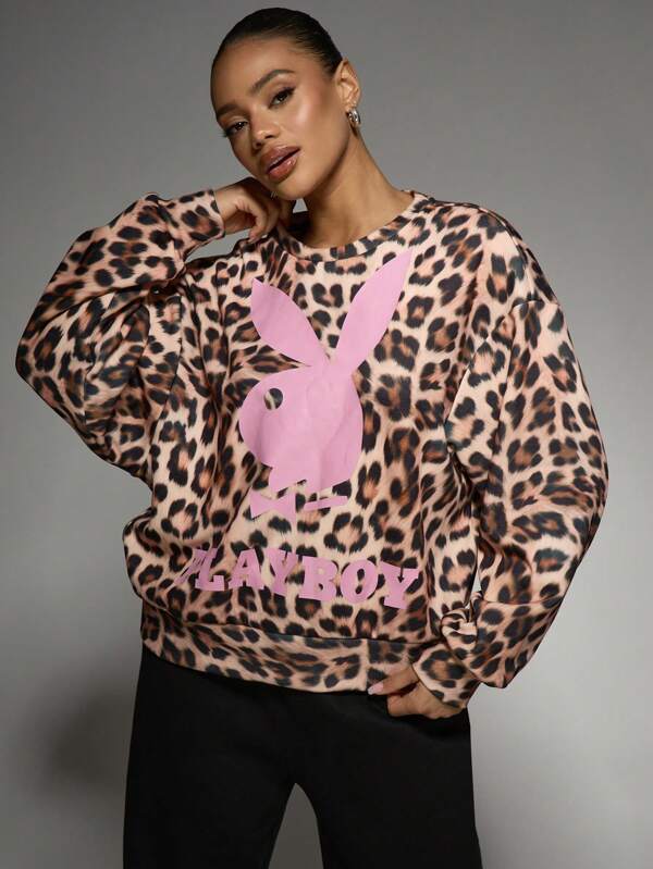 missguided Missguided x Playboy Leopard Print Oversized Streetwear Sweatshirt