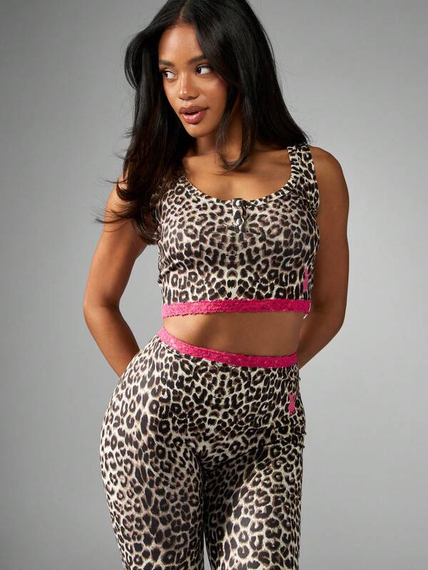 Missguided Missguided X Playboy Leopard Print Pajama Set With Pink Lace Trim