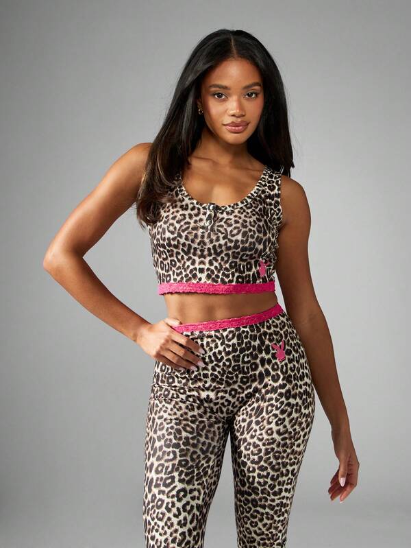 Missguided Missguided X Playboy Leopard Print Pajama Set With Pink Lace Trim