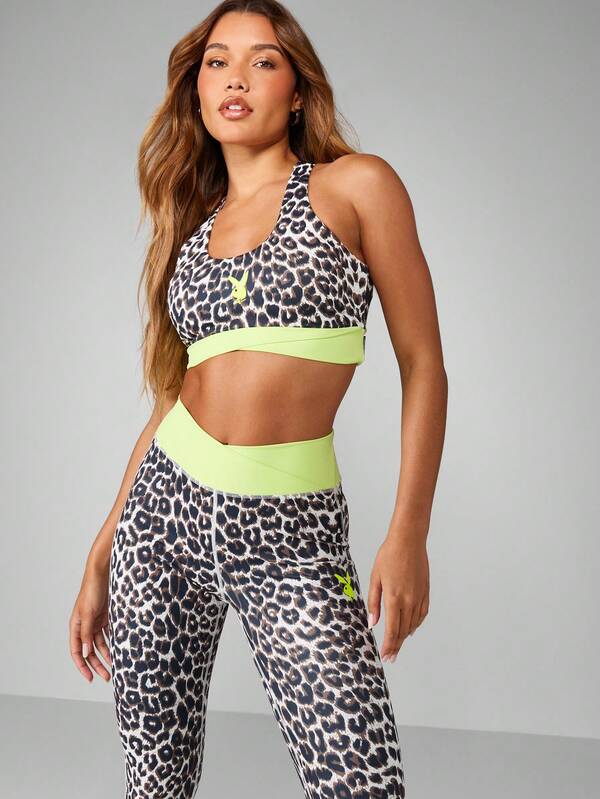 missguided Missguided x Playboy Leopard Print Sports Set With Neon Trim