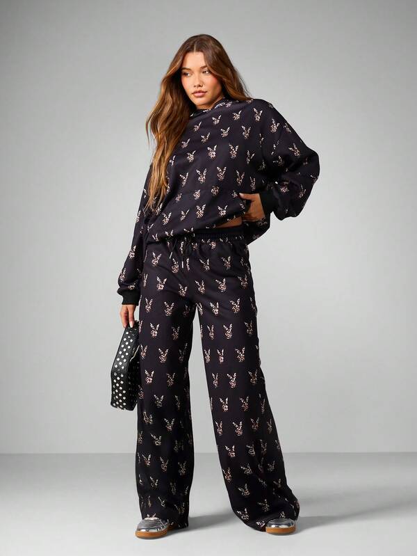 Missguided Missguided X Playboy Leopard Print Wide Leg Joggers With Drawstring