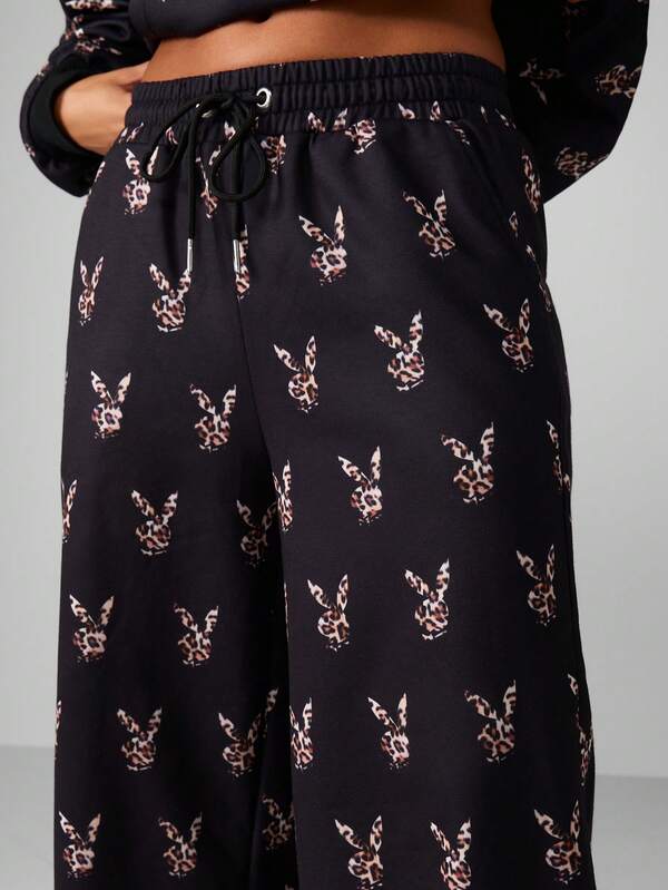 Missguided Missguided X Playboy Leopard Print Wide Leg Joggers With Drawstring