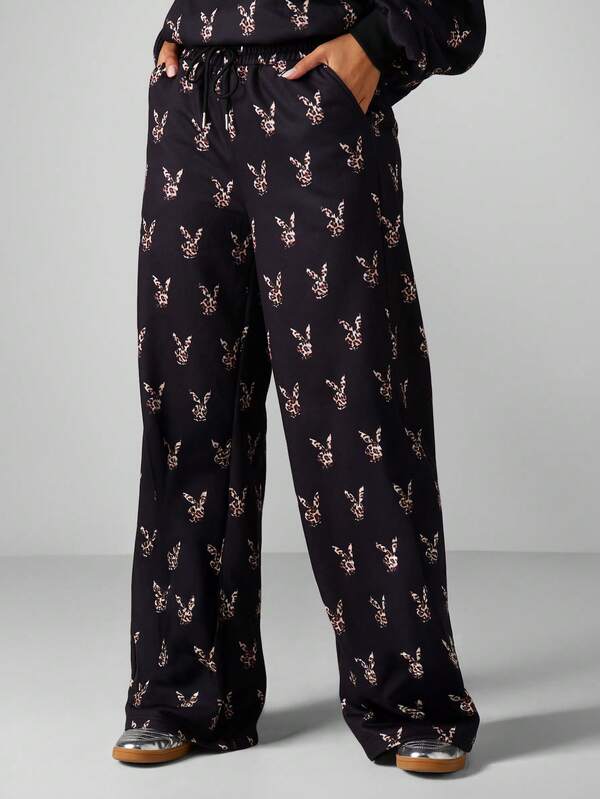 missguided Missguided x Playboy Leopard Print Wide Leg Joggers With Drawstring