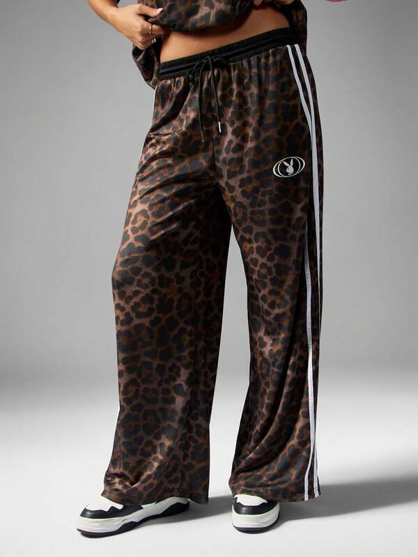 missguided Missguided x Playboy Leopard Print Wide Leg Sweatpants With Stripes