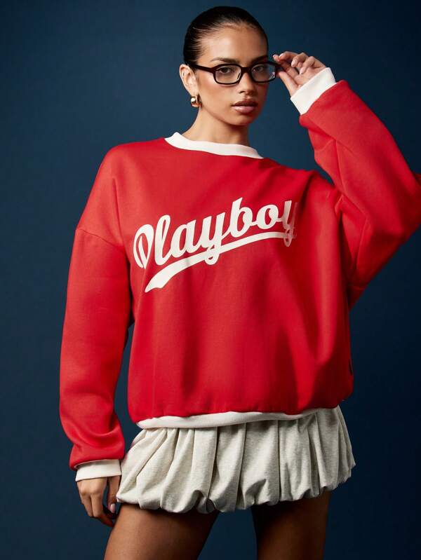 missguided Missguided x Playboy Letter Print Crew Neck Sweatshirt With Ribbed Trim