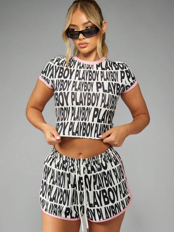 missguided Missguided x Playboy Letter Print Short Sleeve Crop T-Shirt