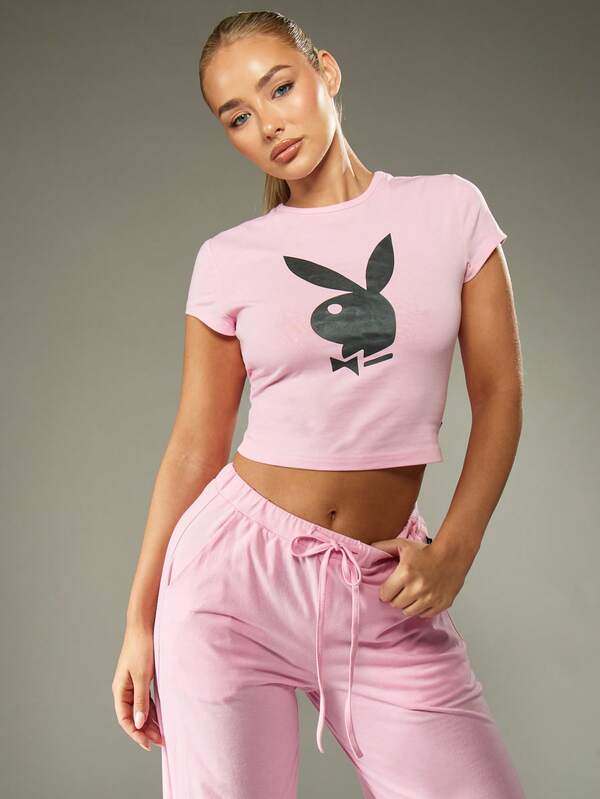 Missguided Missguided X Playboy Logo Crop Top And Wide Leg Pants Set