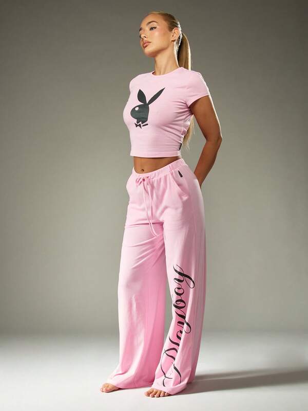 Missguided Missguided X Playboy Logo Crop Top And Wide Leg Pants Set