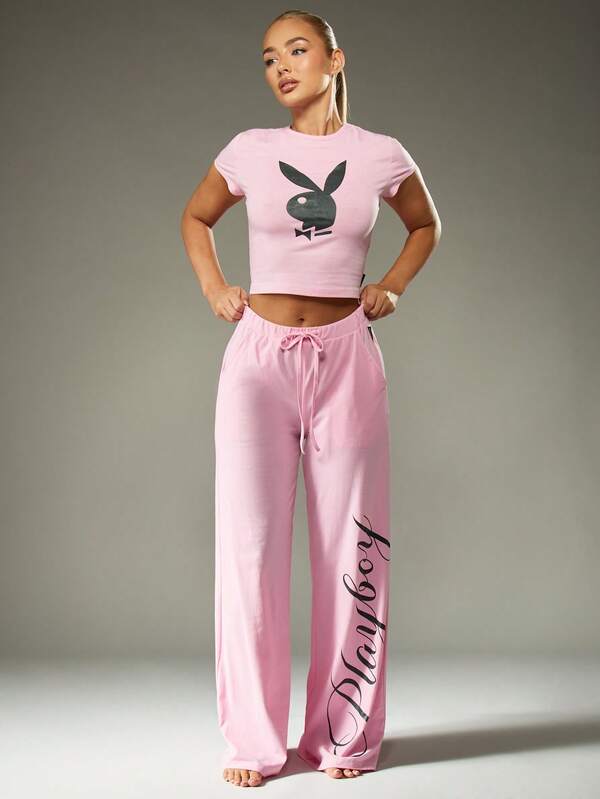 missguided Missguided x Playboy Logo Crop Top And Wide Leg Pants Set