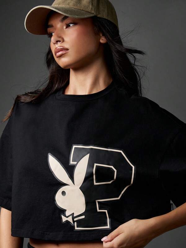 Missguided Missguided X Playboy Logo Graphic Crop T-Shirt With Bunny Print
