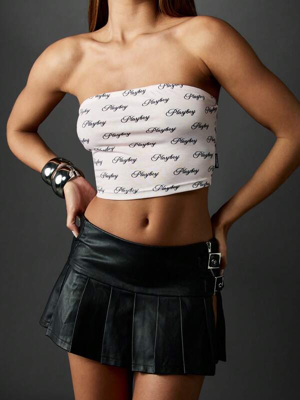 Missguided Missguided X Playboy Logo Print Bandeau Tube Top With Strapless Design