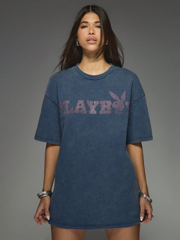 missguided Missguided x Playboy Logo Rhinestone Oversized Mini Dress