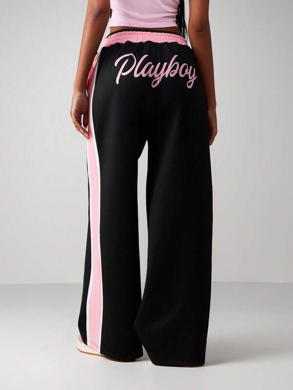 Missguided Missguided X Playboy Logo Wide Leg Sweatpants With Side Stripes