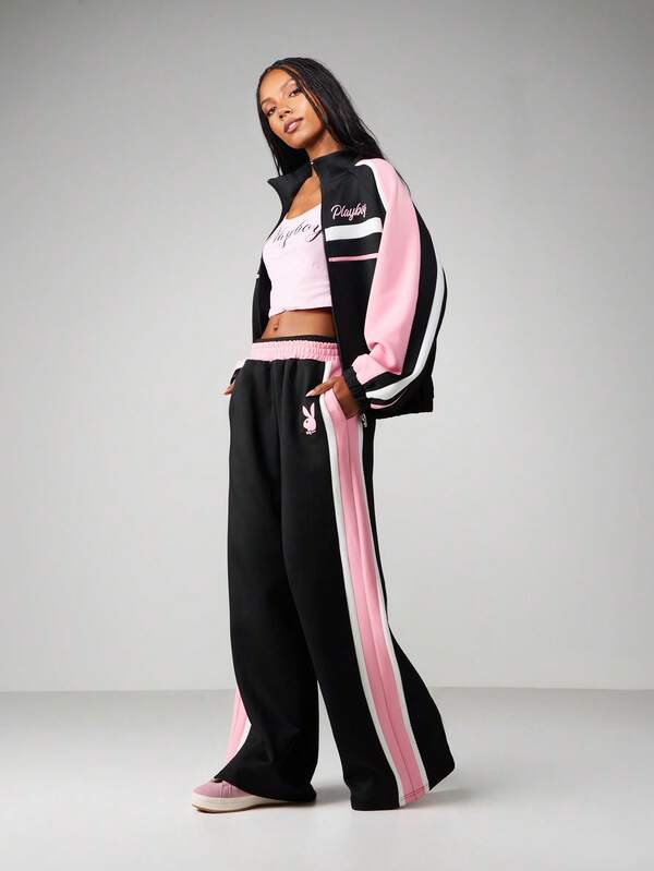 Missguided Missguided X Playboy Logo Wide Leg Sweatpants With Side Stripes