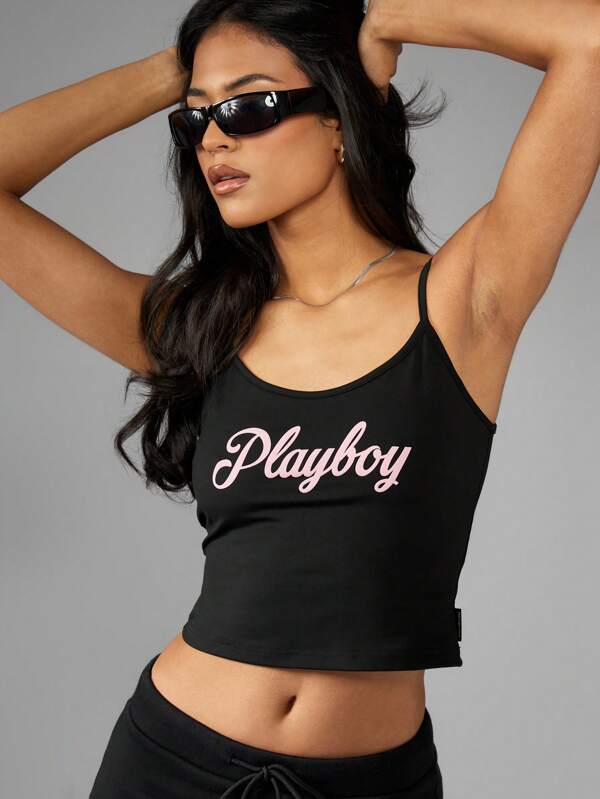 missguided Missguided x Playboy Logo Y2K Aesthetic Crop Cami Tank Top