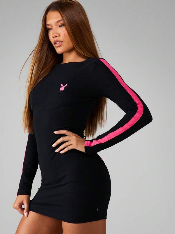 Missguided Missguided X Playboy Long Sleeve Bodycon Mini Dress With Logo