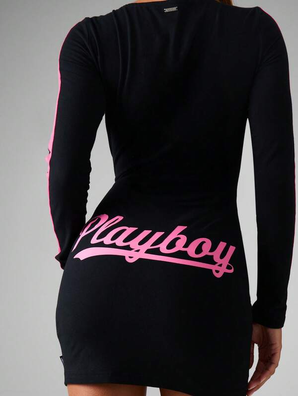 Missguided Missguided X Playboy Long Sleeve Bodycon Mini Dress With Logo