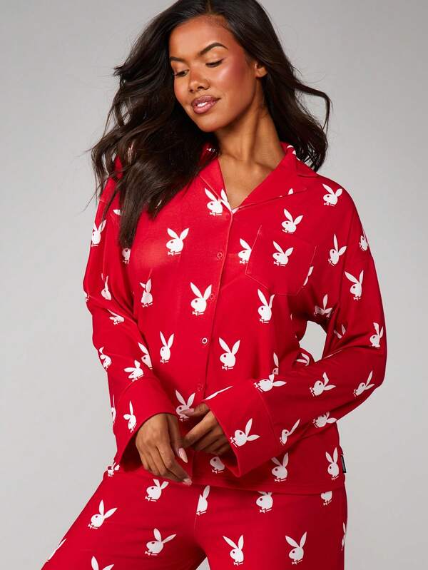 Missguided Missguided X Playboy Long Sleeve Bunny Print Pajama Set With Button Front